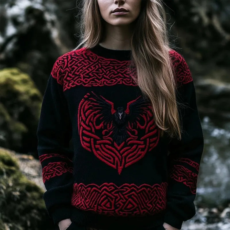 Viking Raven Inspired Jacquard Retro Crew Neck Cozy Sweater