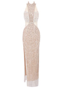 Halter Pearl Sequin Maxi Dress Nude