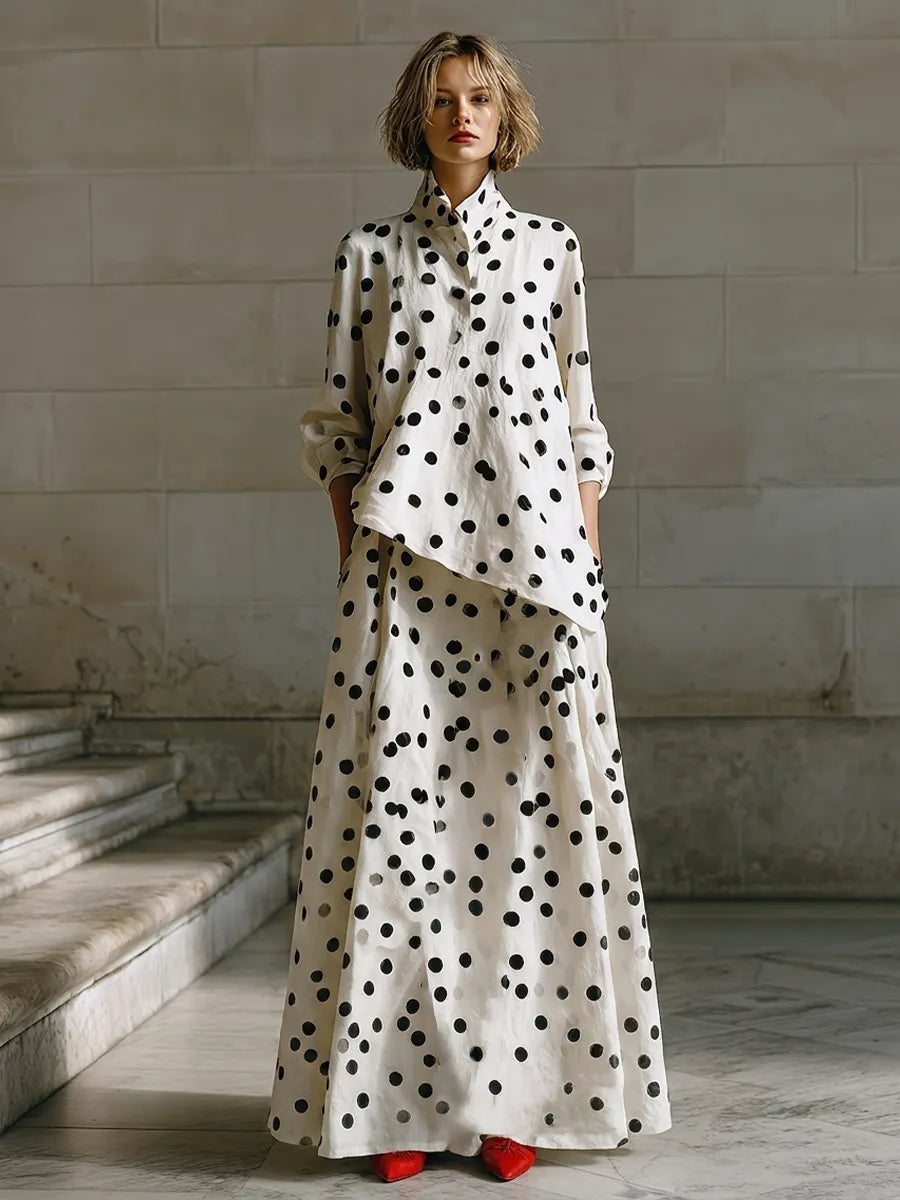 Women's Cream Spot Print Woven Co-Ord With Drop Shoulder Long Sleeve Blouse & Side Pocket Floor-Length Maxi Skirt, Minimalist Daily Casual Two-Piece Set MDZ0748G9LYL
