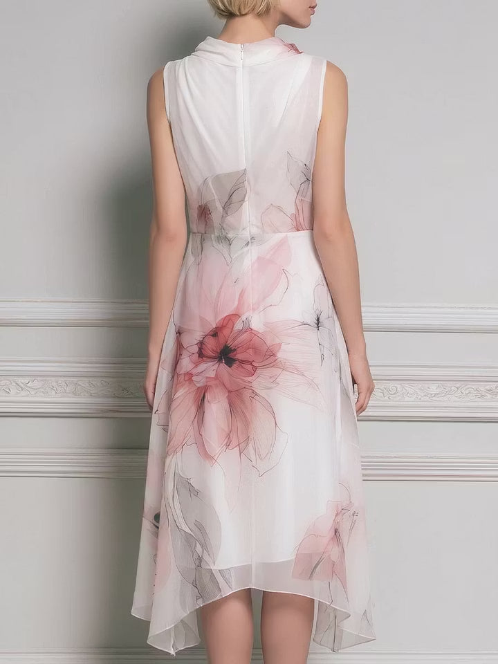 Elegant Pink Floral Cowl-Neck Sleeveless Midi Dress