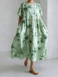Japanese Art Bamboo Print Long Sleeve Casual Midi Dress