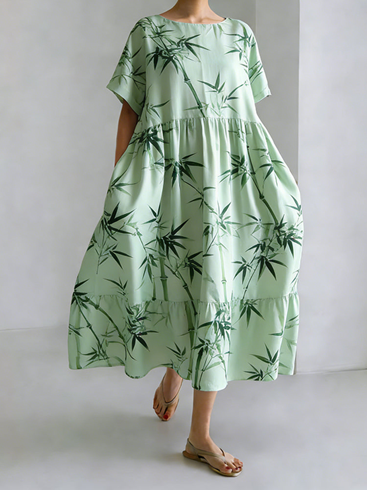 Japanese Art Bamboo Print Long Sleeve Casual Midi Dress