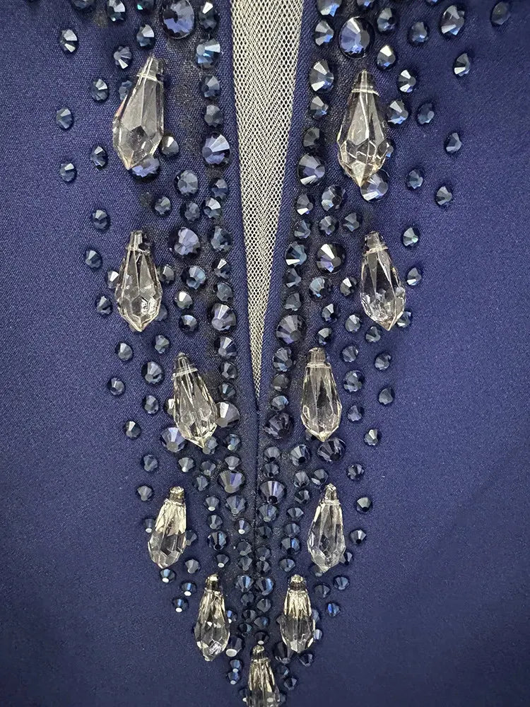 Long Sleeve Bardot Crystal Maxi Dress Navy Blue