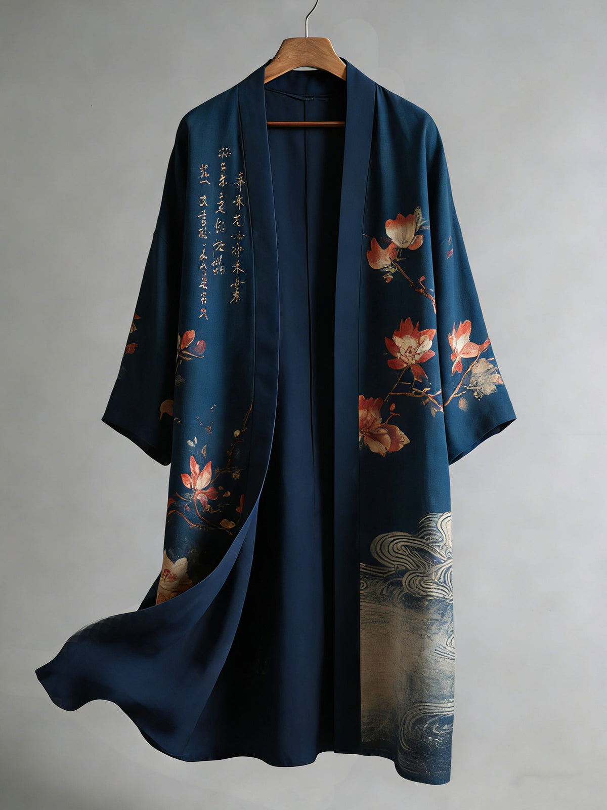 Japanese Floral And Calligraphy Pattern Linen Blend Long Kimono