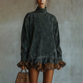 Women's Autumn And Winter Western Retro Suede Fabric Loose Casual Stand Collar Leopard Lace Decorated Dress