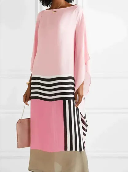 Unique Satin Striped Contrast Bat Sleeve Midi Dress