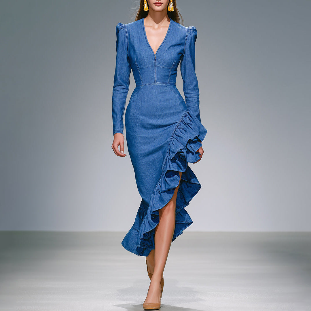 Elegant And Fashionable V-neck Blue Ruffled Midi Dress