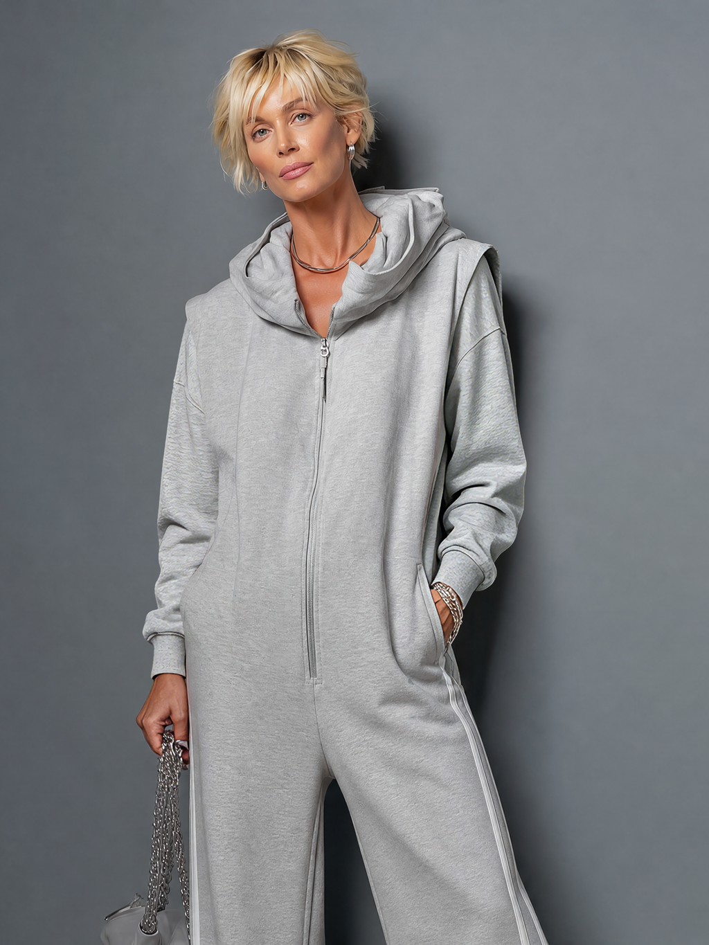 Women's Casual Stretch Knit Long-Sleeve Zip-Front Hooded Wide-Leg Jumpsuit MDZ0922G7WY