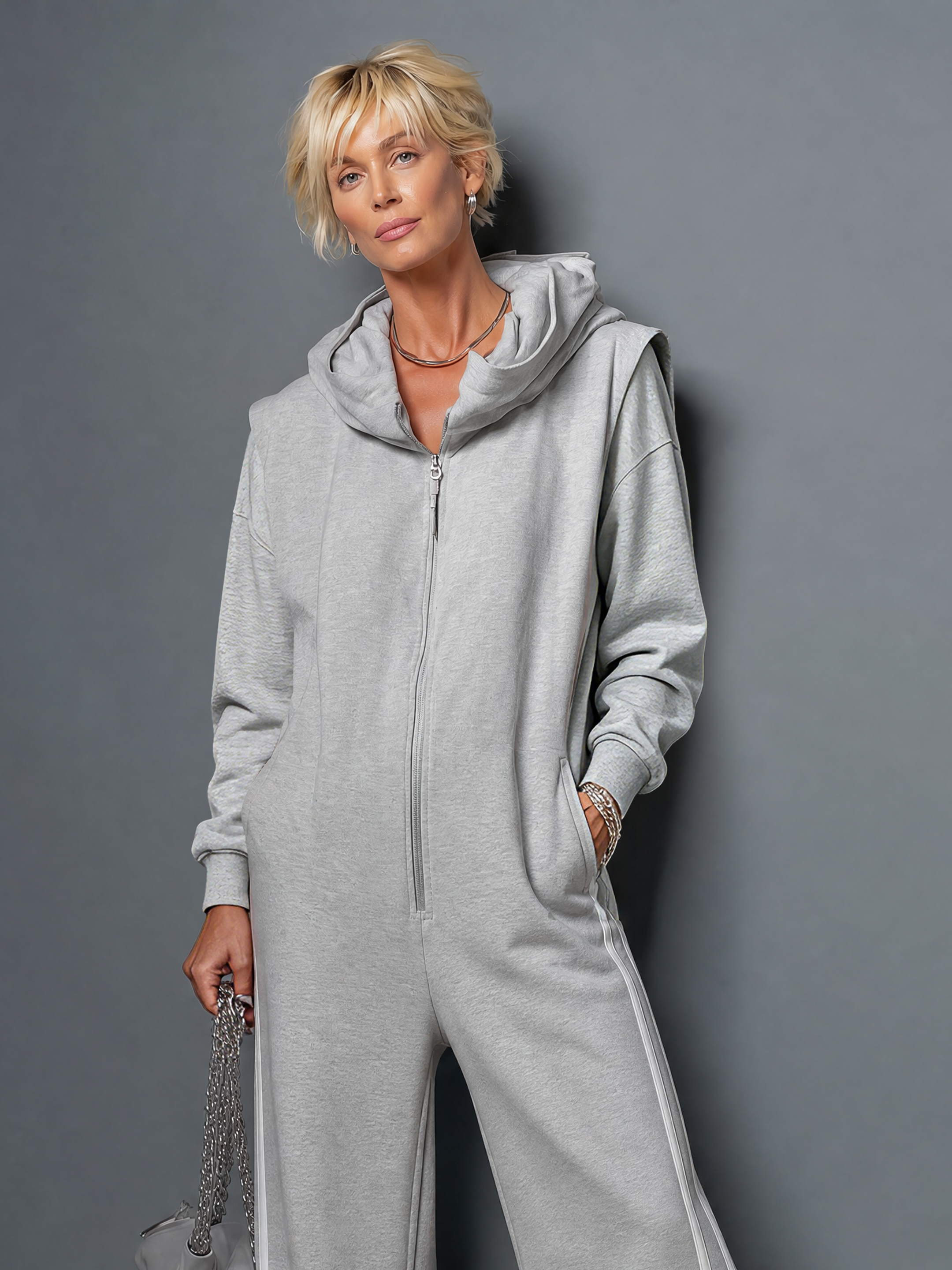 Women's Casual Stretch Knit Long-Sleeve Zip-Front Hooded Wide-Leg Jumpsuit MDZ0922G7WY