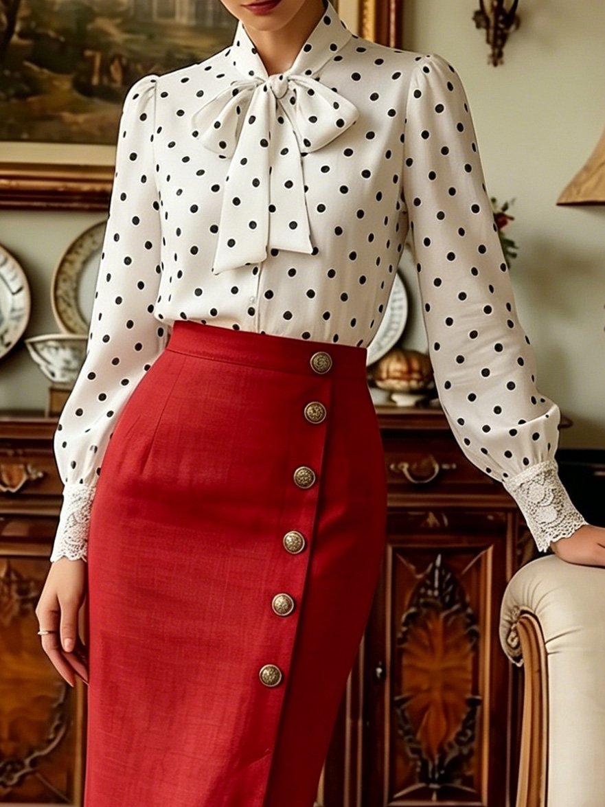 Cotton Shirt (Skirt not included.), Long Sleeves, Polka Dots, Button Design, French Vintage, White