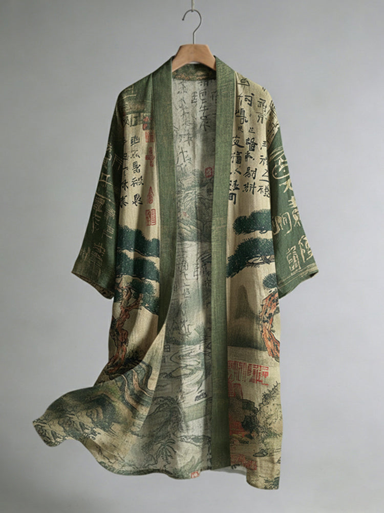 Japanese Pine Tree And Calligraphy Art Pattern Linen Blend Long Kimono
