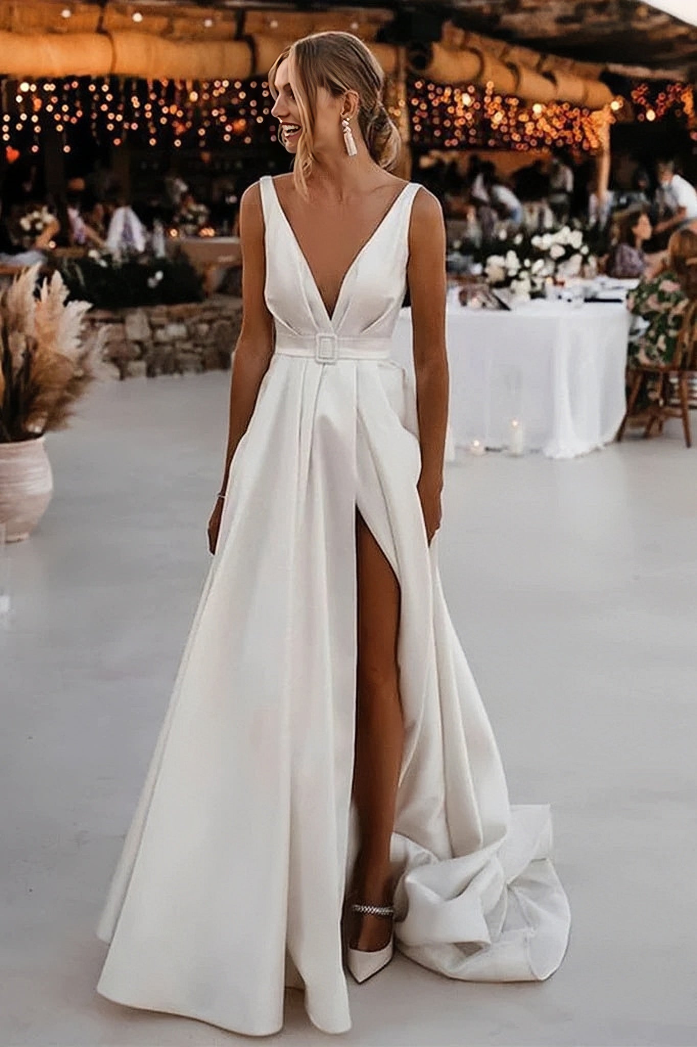 A Line Belt V Neck Satin Wedding Dress With Slit