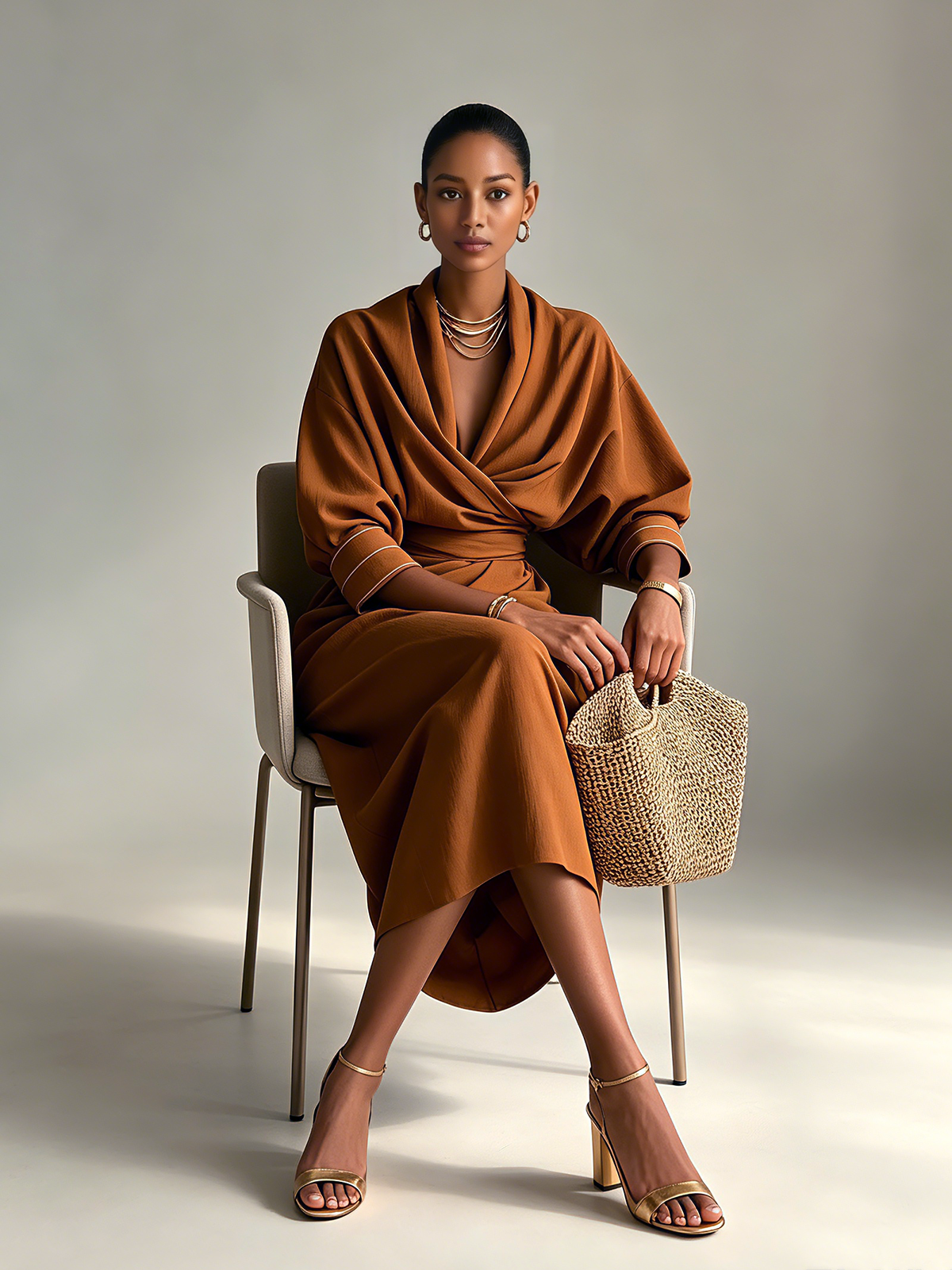 Rust Brown Draped V-Neck Midi Dress