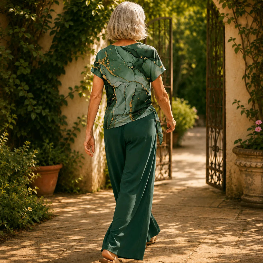 Marovelle – Marble Print Knot-Front Top and Wide-Leg Pants Set