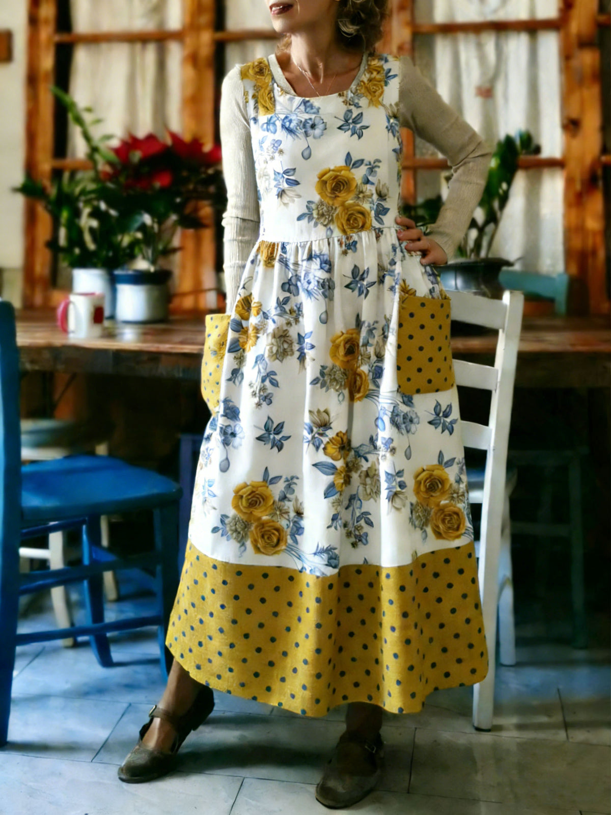 Yellow Rose & Polka Dot Patchwork Apron
