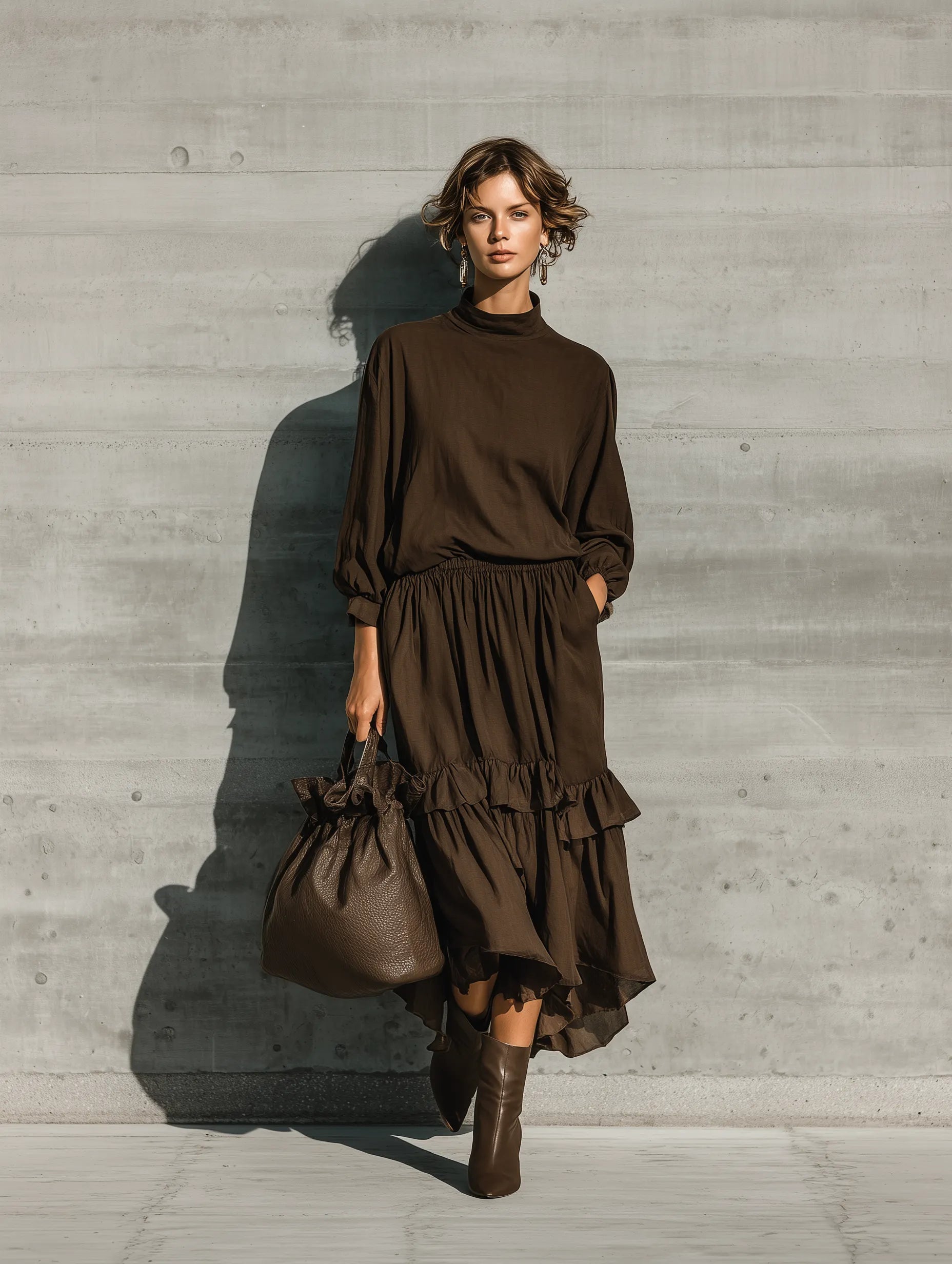 Women's Dark Brown Cotton Blend Mock Neck Balloon Sleeve Top Ruffle Tiered Drawstring Waist Midi Skirt Two Piece Set MDZ1537G8YZJ