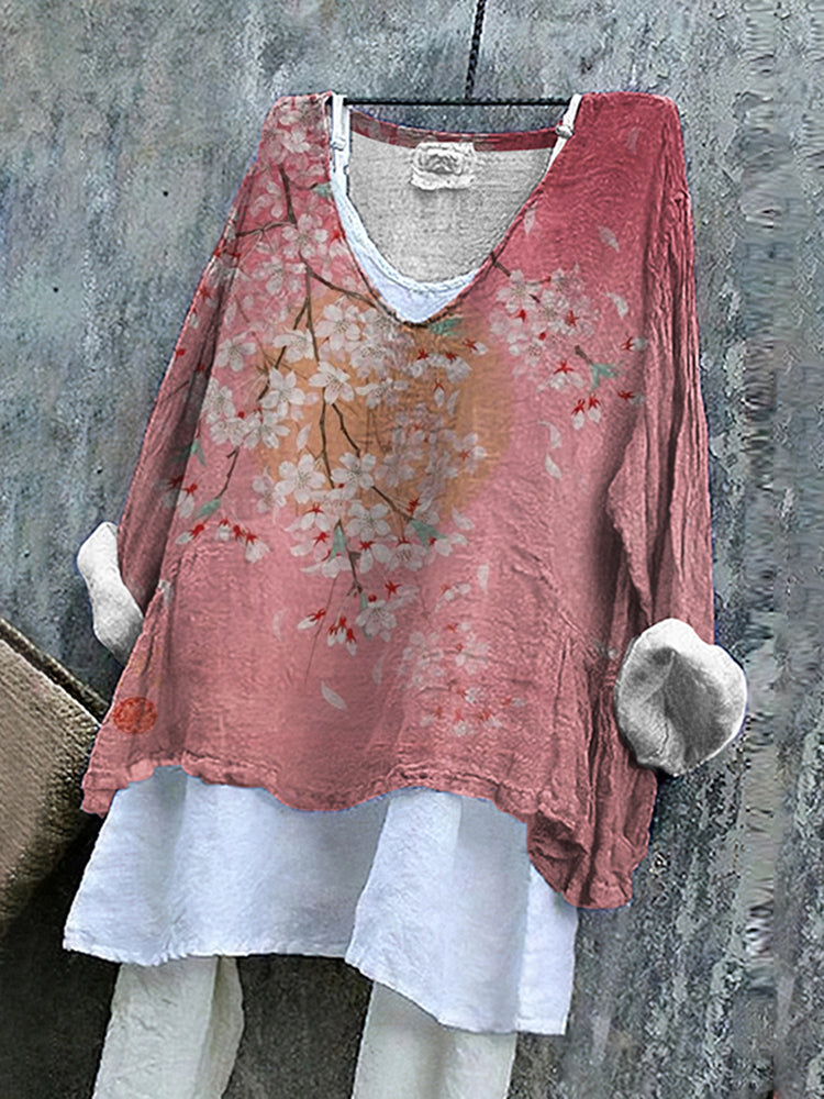 Vintage Japanese Art Sakura And Moon Cotton Linen V Neck Comfy Shirt