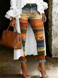 Women's Fashion Casual Multicolor Art Print Ripped Skinny Jeans
