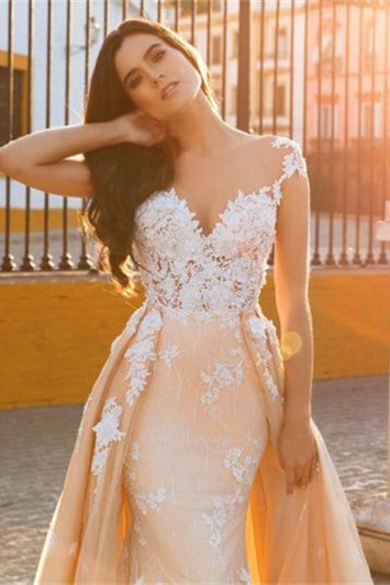 Daisda Sweetheart Lace Appliques Cap Sleeves Overskirt Mermaid Wedding Dress