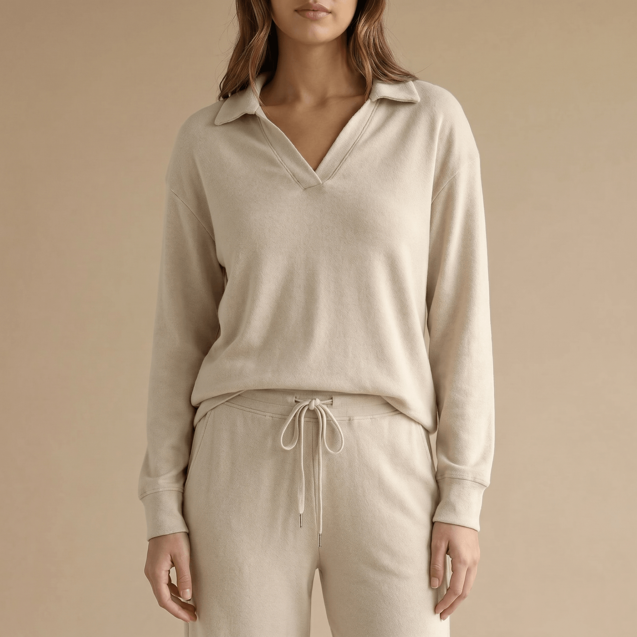 Veluna – Soft V-Neck Lounge Set with Wide Leg Pants