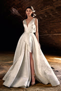 High slit bow detailed mikado wedding gown