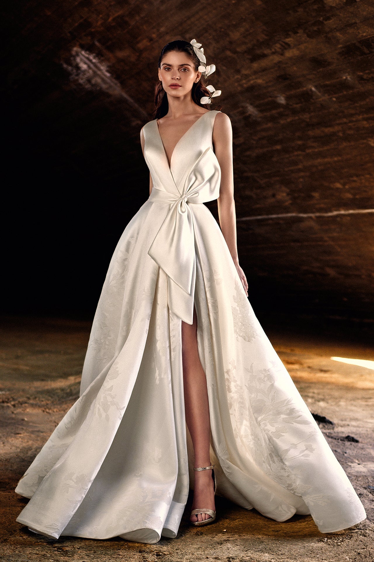 High slit bow detailed mikado wedding gown