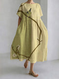 Japanese Style Magpie Perched On A Tree Branch Round Neck Casual Dress