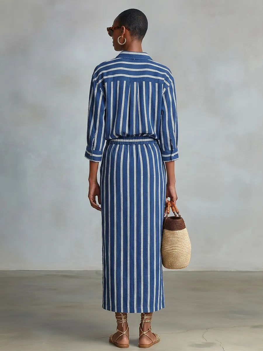 Women's Royal Blue White Stripe Cotton-Blend Co-Ord With Button Front Blouse & Elastic Waist Straight Maxi Skirt, Effortless-Chic Summer Daily Outfit MDZ2304F8LYL