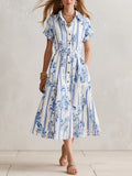 Vintage White Blue Floral Stripe Shirt Midi Dress