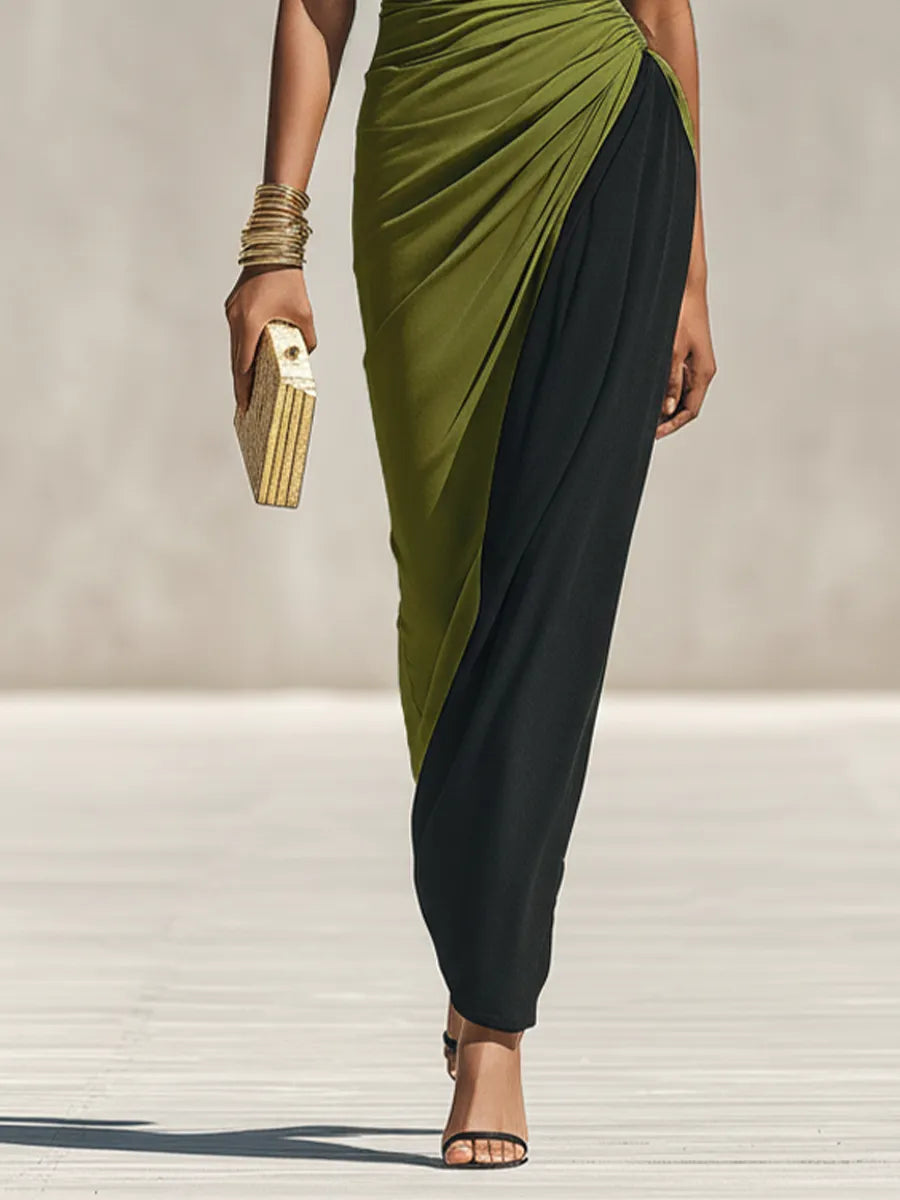 Women's Black & Olive Green Color-Block Jersey Maxi Dress With High Neck & Waist Ruched Detail, Elegant Bodycon Evening Dress MDZ0948F9LYL