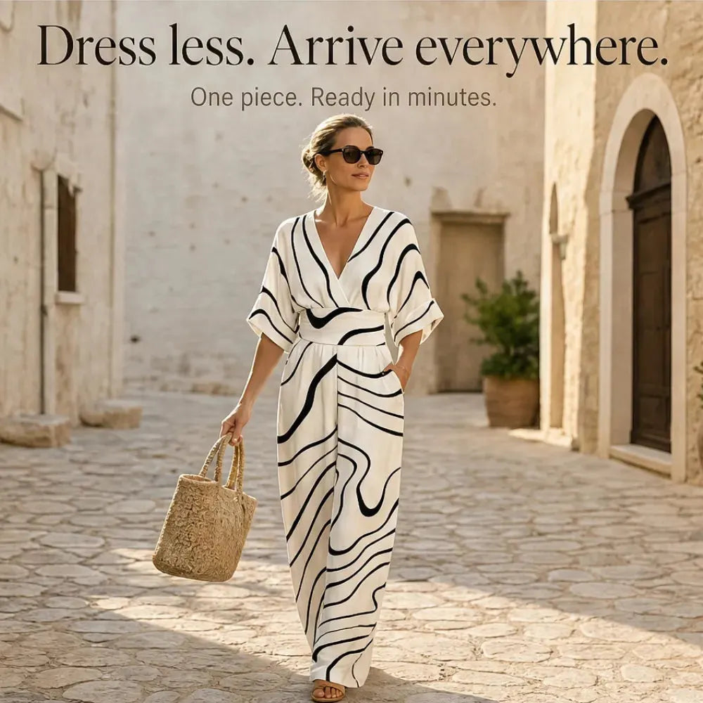 Solene – Printed V-Neck Wide-Leg Jumpsuit with Cinched Waist and Pockets