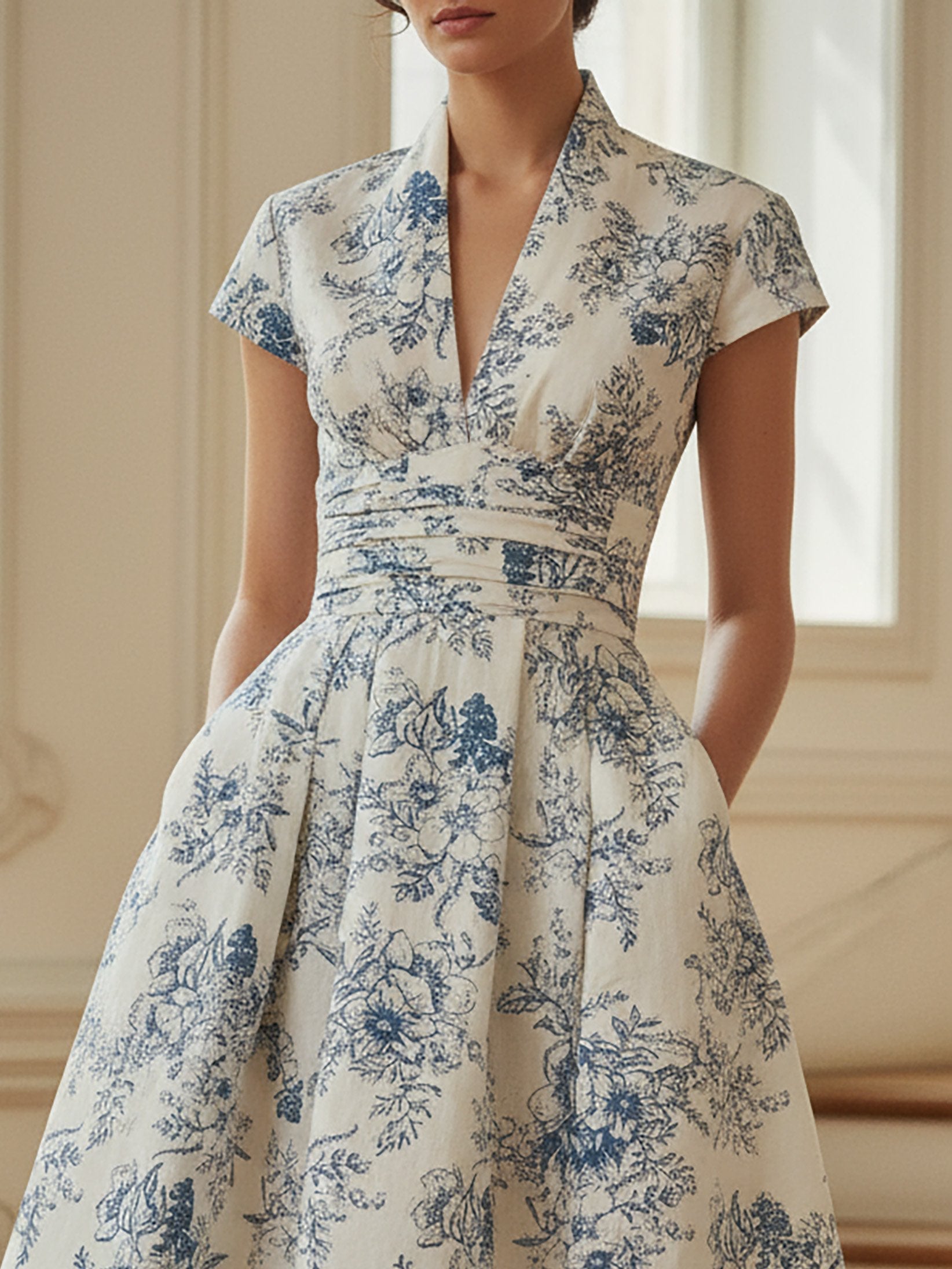 Midi Linen Dress, Short Sleeves, V Neck, Floral, Vintage, Blue