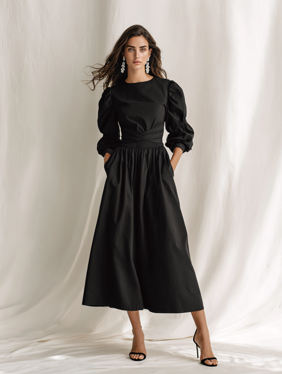 Women's Elegant Black Cotton Blend Round Neck Puff Sleeve Smocked Waist Midi Dress MDZ1769G5ZSQ