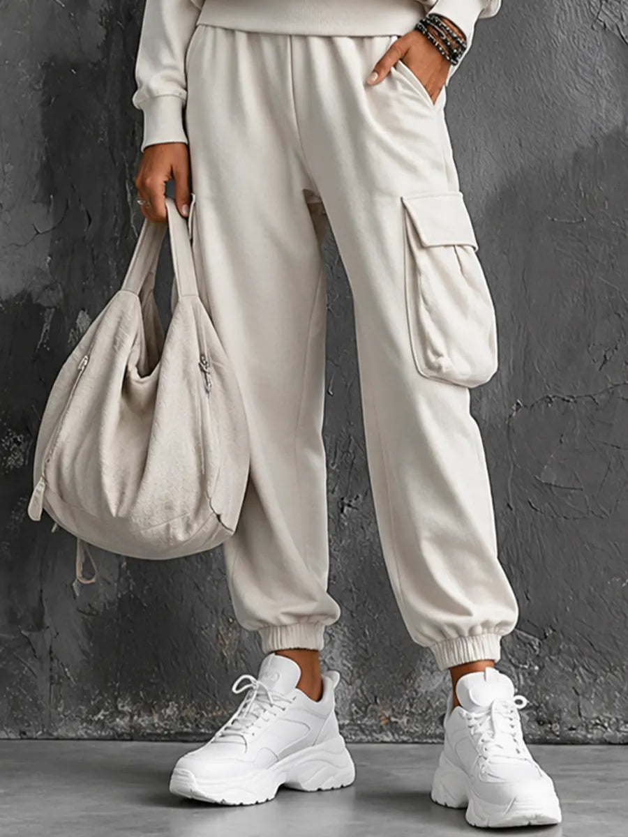 Women's Casual Street Style Off-White Cotton Blend Crew Neck Long-Sleeve Sweatshirt And Cargo Pocket Jogger Pants Set MDZ0630G1GMJ