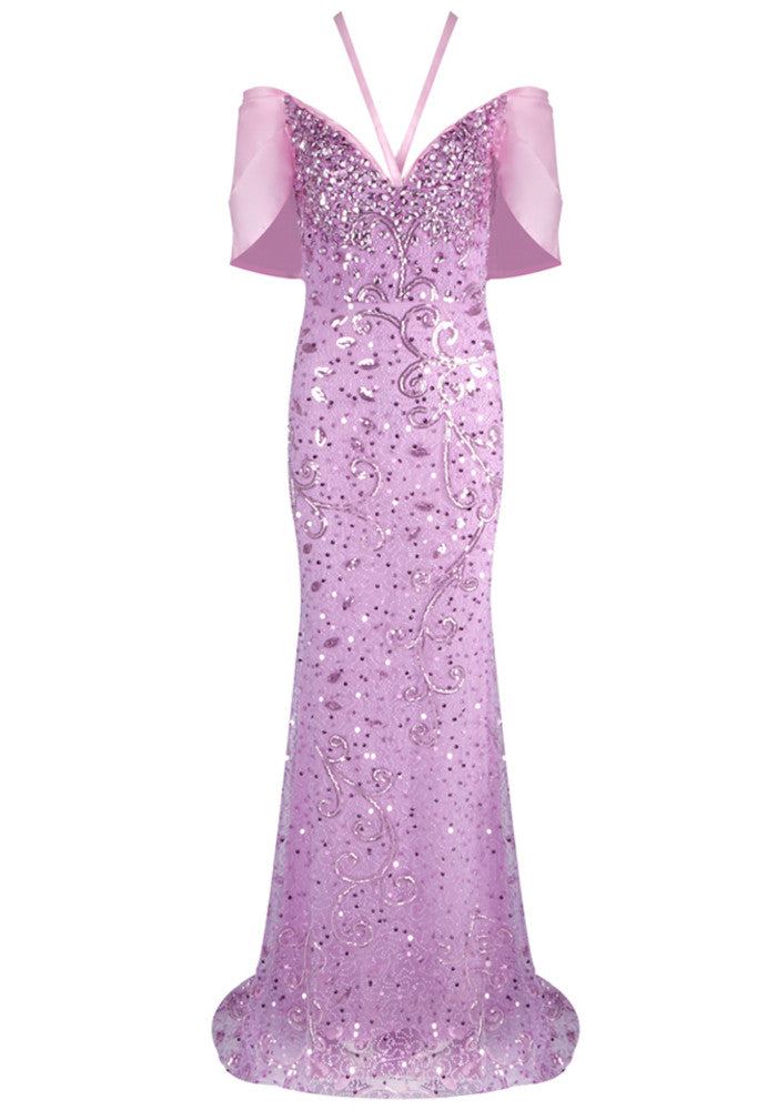 Halter Bardot Crystal Sequin Maxi Dress Pink