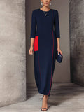 Women's Classic Navy Cotton Blend Contrast Stitch Patch Pocket 3/4 Sleeve Maxi Dress MDZ1494G0GMJ