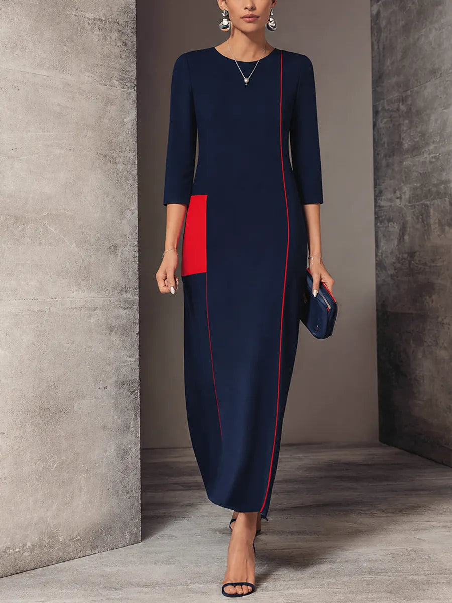 Women's Classic Navy Cotton Blend Contrast Stitch Patch Pocket 3/4 Sleeve Maxi Dress MDZ1494G0GMJ