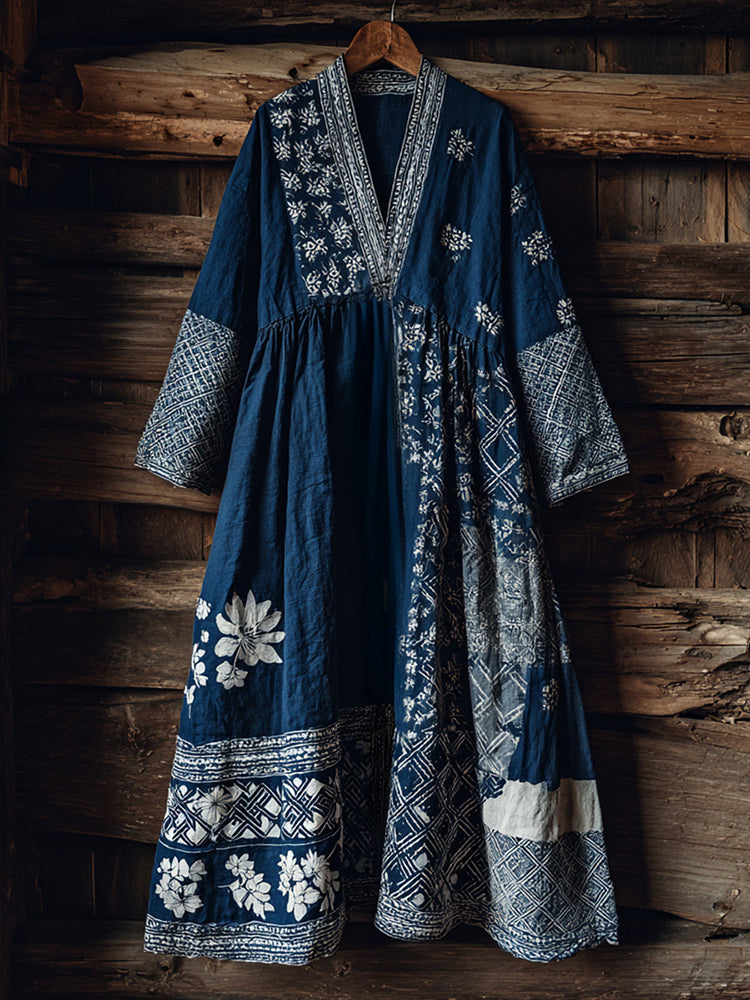 Japanese Patchwork Floral Art Print Comfy Maxi Dress