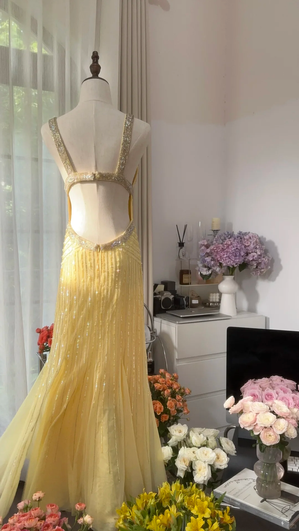 Lit Yellow Gorgeous Shiny Fashion Elegant Exquisite Beaded Long Tulle Backless Fairy Ball Gown Evening Dress Birthday/Wedding Guest/Holiday Party Dress Prom Dress Valentine's Day Date Dress 4034