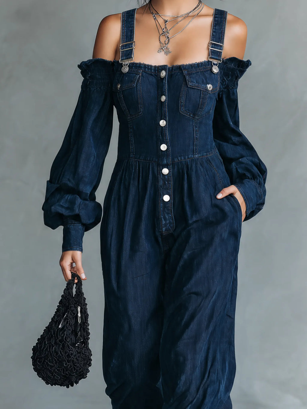 Women's Casual Dark Blue Denim Long-sleeve Overall Jumpsuit MDZ2425G0LXY