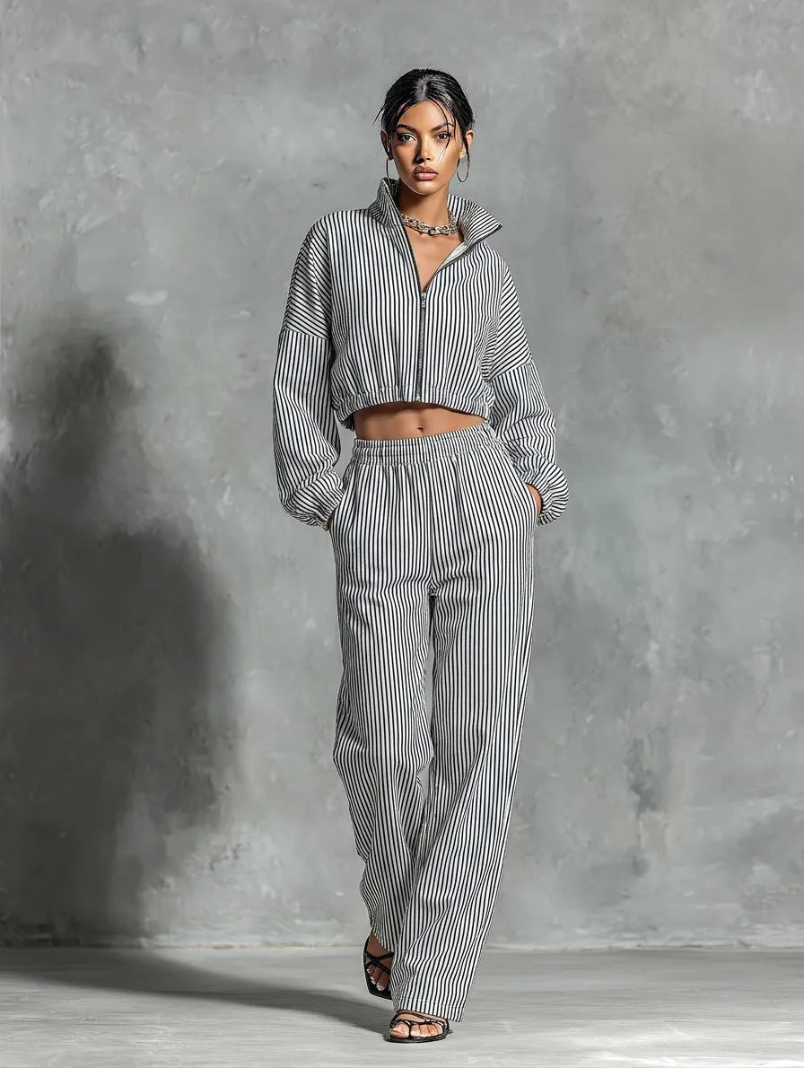 Women’s Black White Vertical Stripe Stand Collar Full Zip Cropped Jacket & Elastic High Waist Wide Leg Pocket Pants Two Piece Tracksuit Set MDZ0287G4T