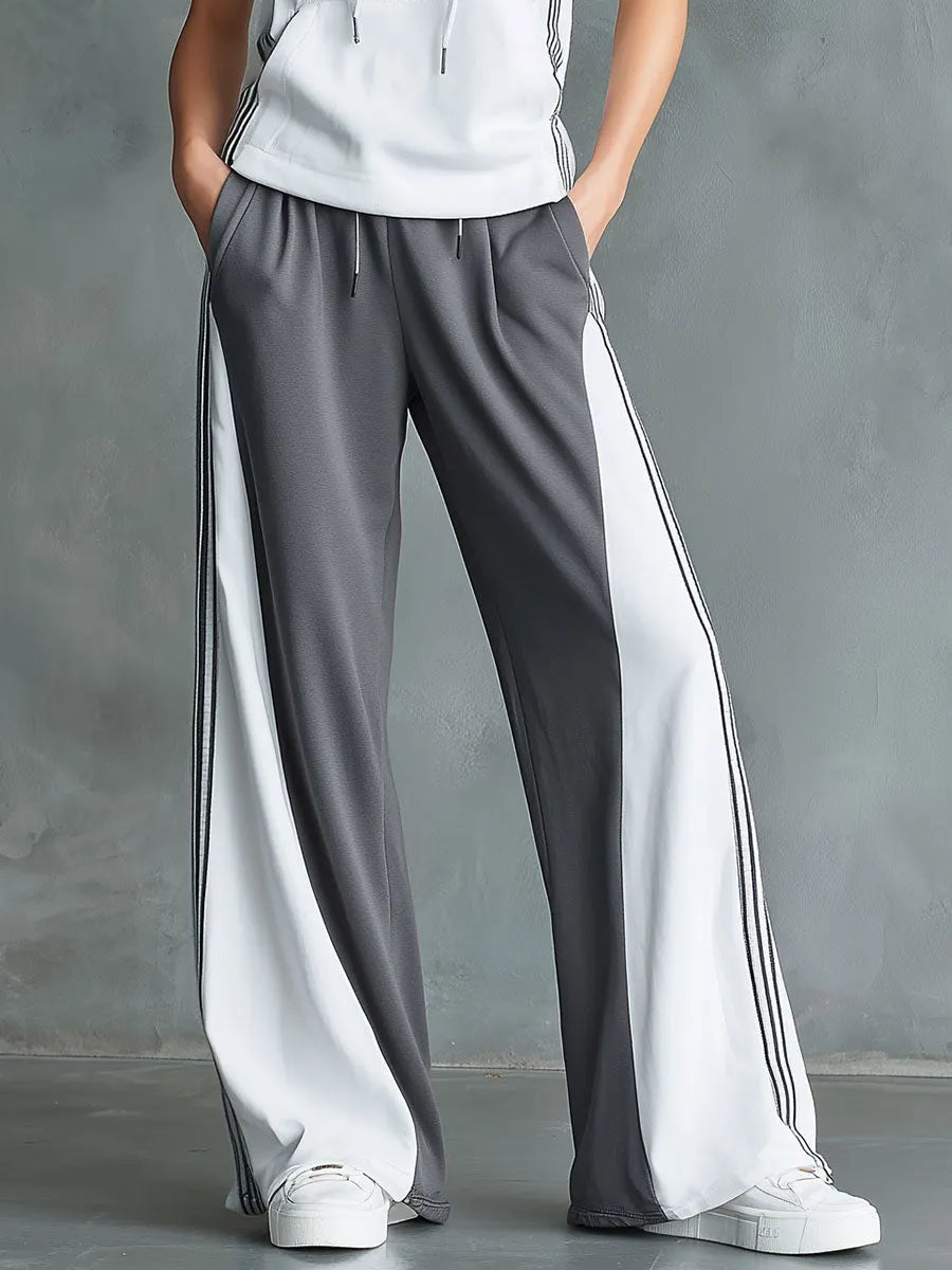 Casual Sporty Color-Block Hooded Sleeveless Top And Wide-Leg Pants Set
