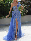 Applique Asymmetric Beaded Split-Side Sleeveless Wrap One-Shoulder Maxi Dresses