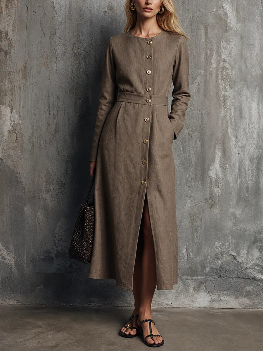 Women's Light Luxury Style Brown Cotton Linen Round Neck Long Sleeve Single-Breasted Slit Midi Dress MDZ0609G3GMJ