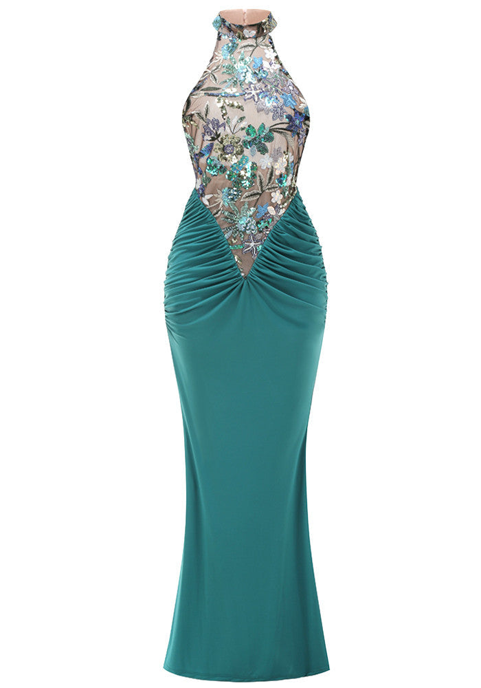 Halter Floral Sequin Embroidered Maxi Dress Green