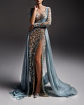V Neck Embroidered Slit Maxi Dress