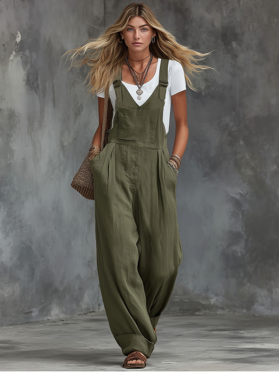 Army Green Adjustable Cotton And Linen Wide-leg Overalls