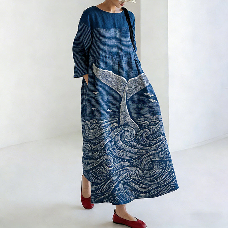 Women's Japanese Art Ocean Pattern Linen Dress