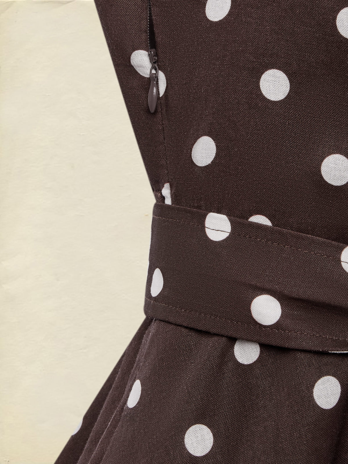 Midi Cotton Dress , Sleeveless, Shawl Collar, Polka Dots, Button Design, French Vintage, Coffee
