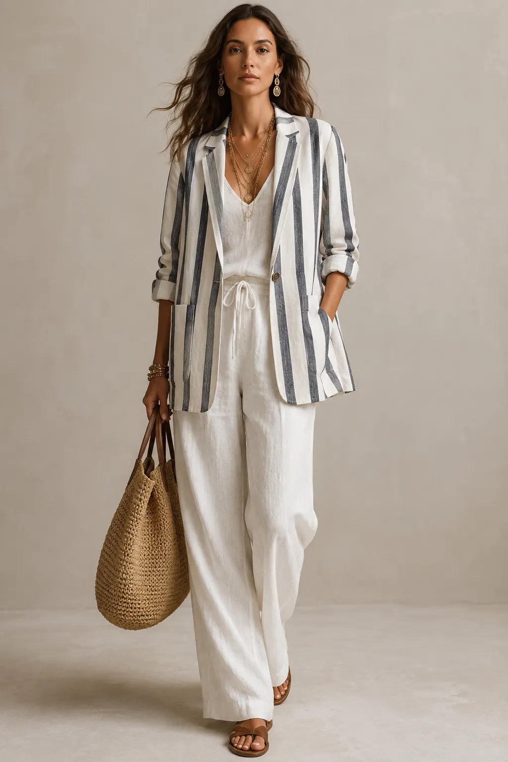 Effortless Linen Blend Oversized Ivory Pinstripe Suit Blazer